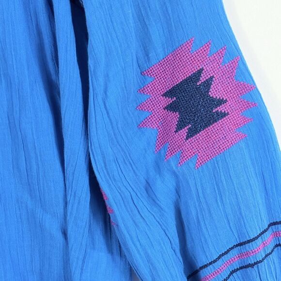 Maeve Bright Blue Native Cross Stitch Boho Peasant Western Shirt Top‎ Womens XS - Picture 3 of 8